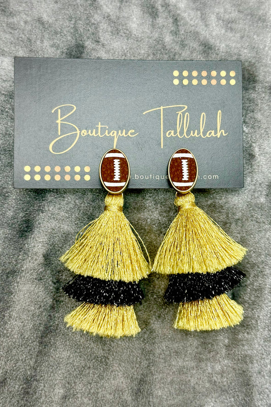 Black and Gold Tassel Football Earrings