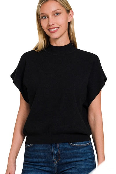 Black Mock Neck Short Dolman Sleeve Lightweight Sweater Top