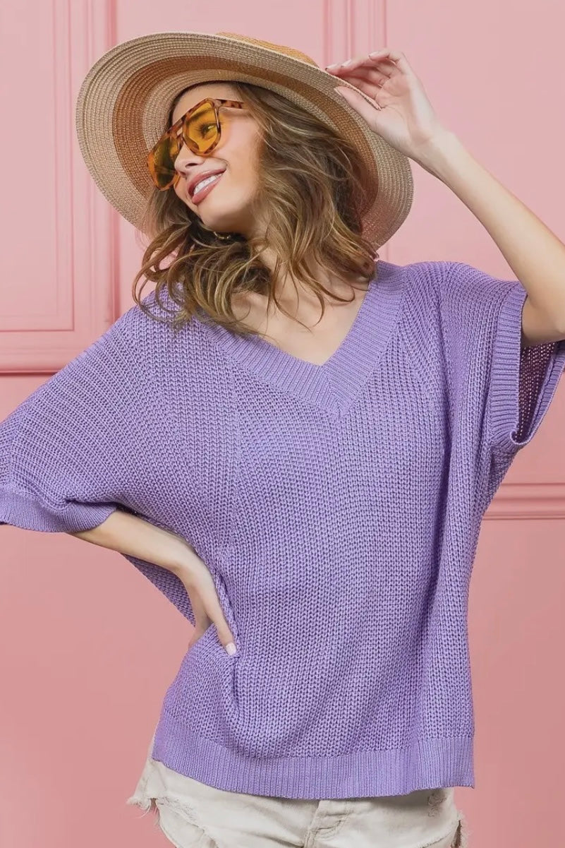 Oversized Lavender Semi Sheer Summer Sweater Top with Dolman Sleeve