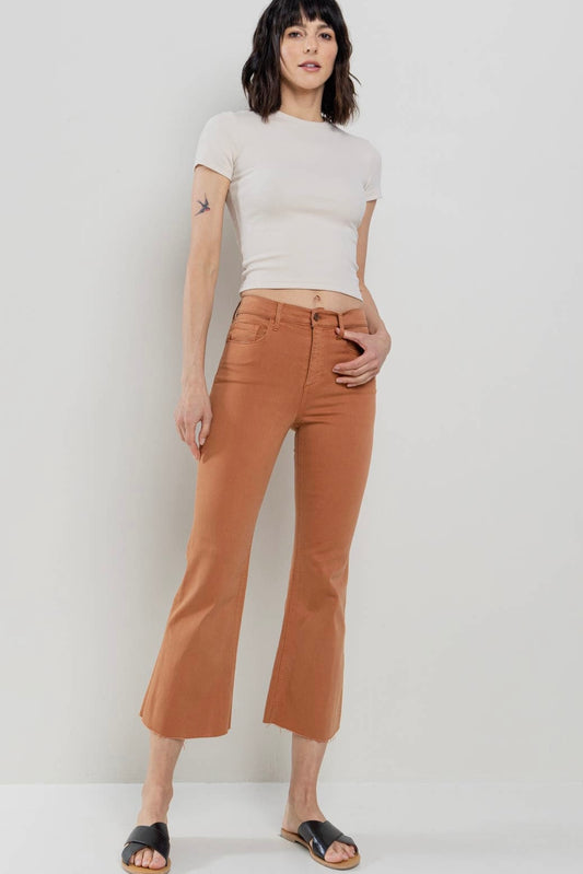 Burnt Orange High Rise Cropped Kick Flare Jeans with Raw Cut Hem