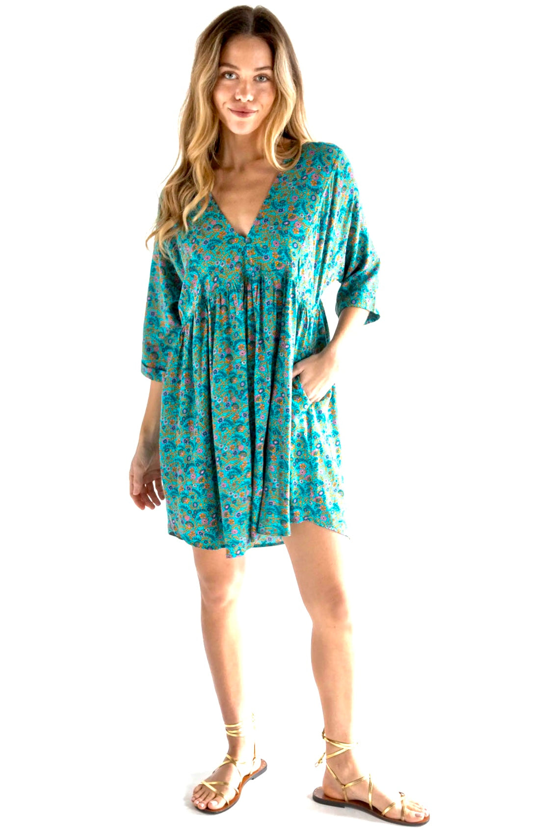 Natural Life Stella Short Dress Turquoise Ditsy Vine