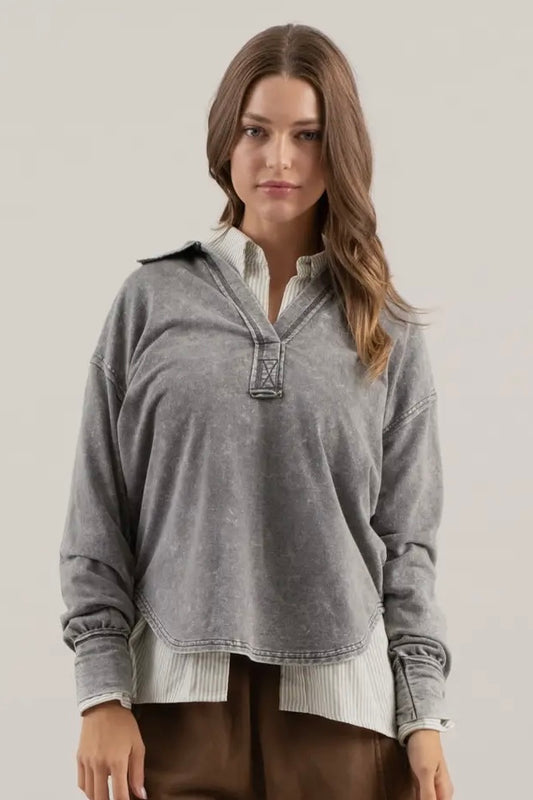 Gray Mineral Washed Collared V Neck Long Sleeve Top