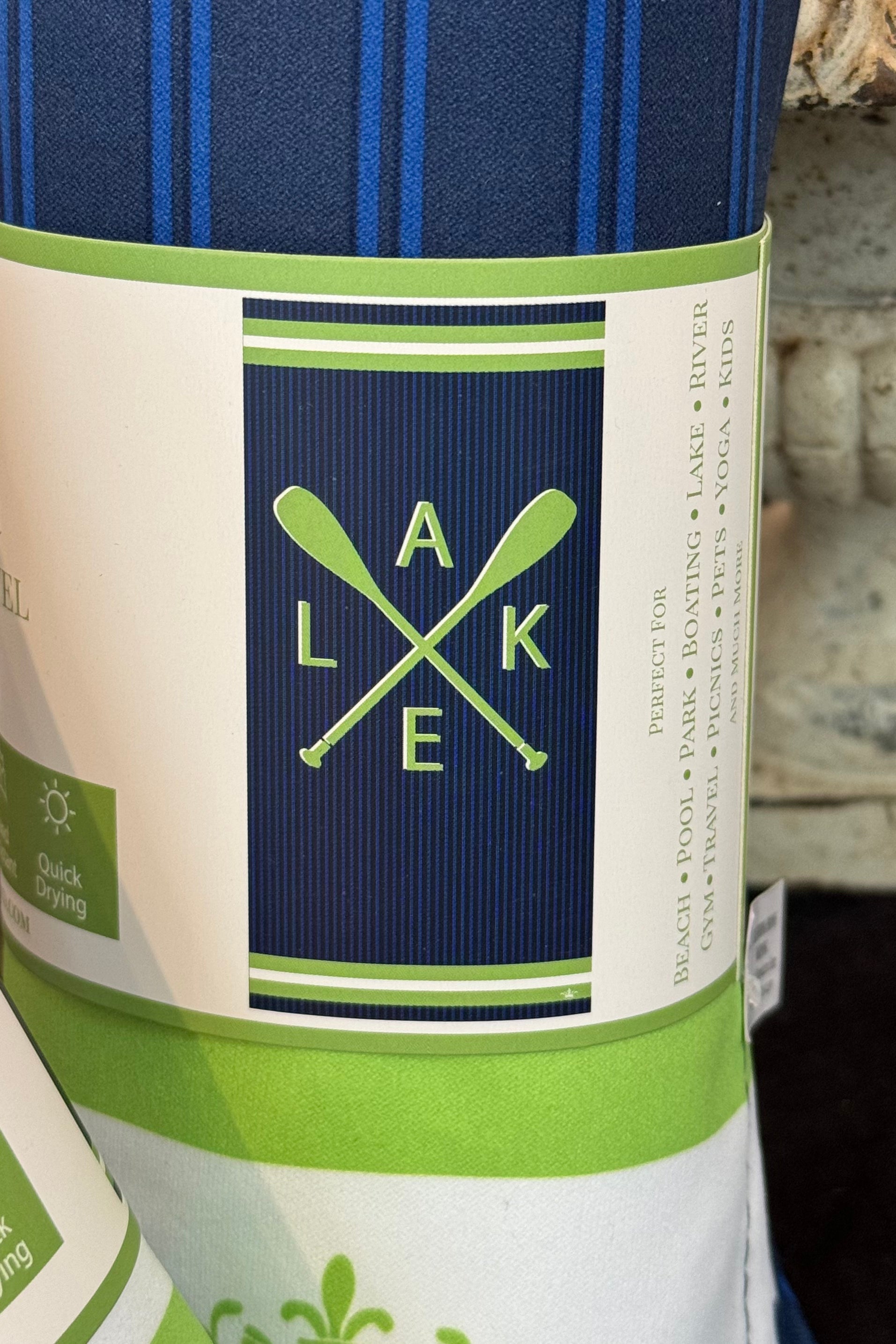 Lake Oar Microfiber Beach Towel in Navy, Lime Green, and White