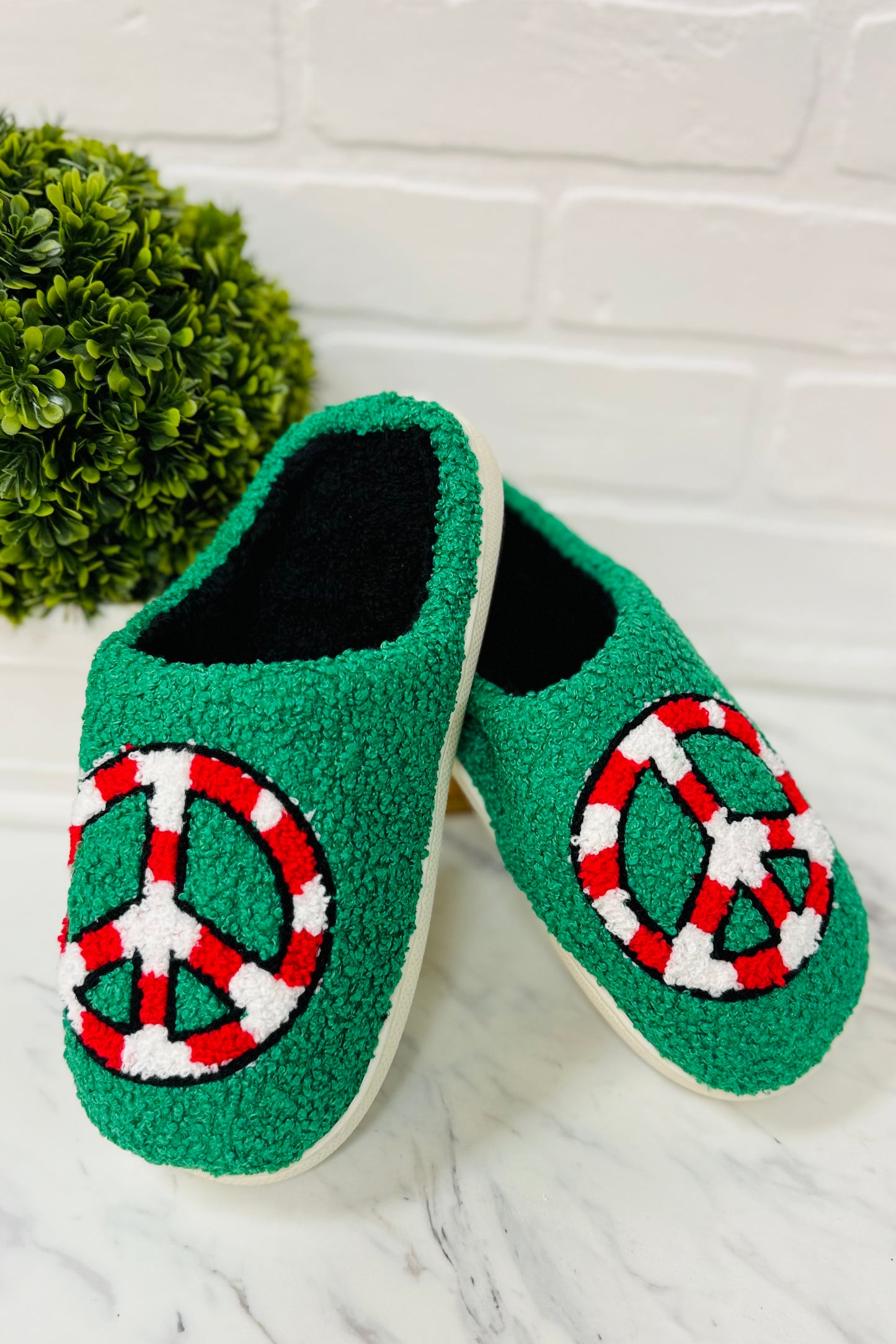 Pepermint Peace Super Fuzzy Slipper Slides by Two Left Feet