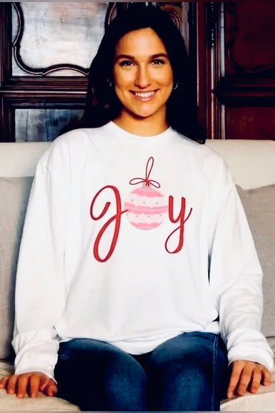 Christmas Joy Crew Neck Long Sleeve Tee Shirt in White/Red/Pink