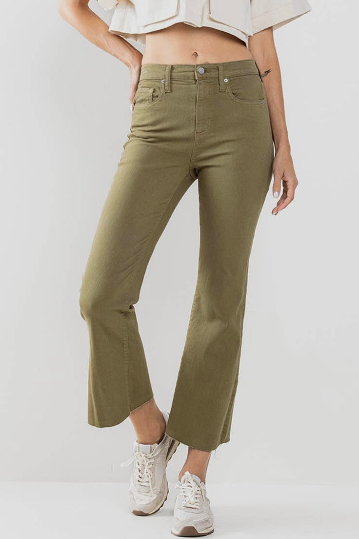 Moss Green High Rise Cropped Kick Flare Jeans with Raw Cut Hem