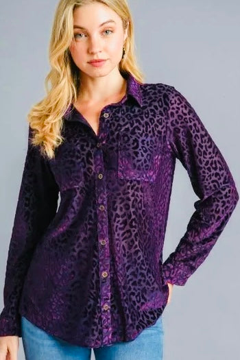 Umgee Eggplant Animal Print Velvet Button Up Top