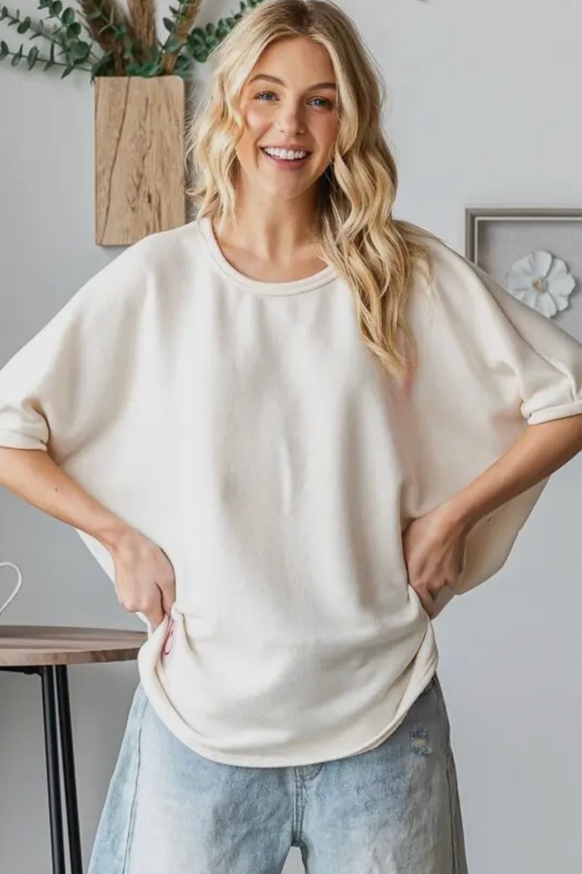 Cream French Terry Oversized Short Sleeve Top