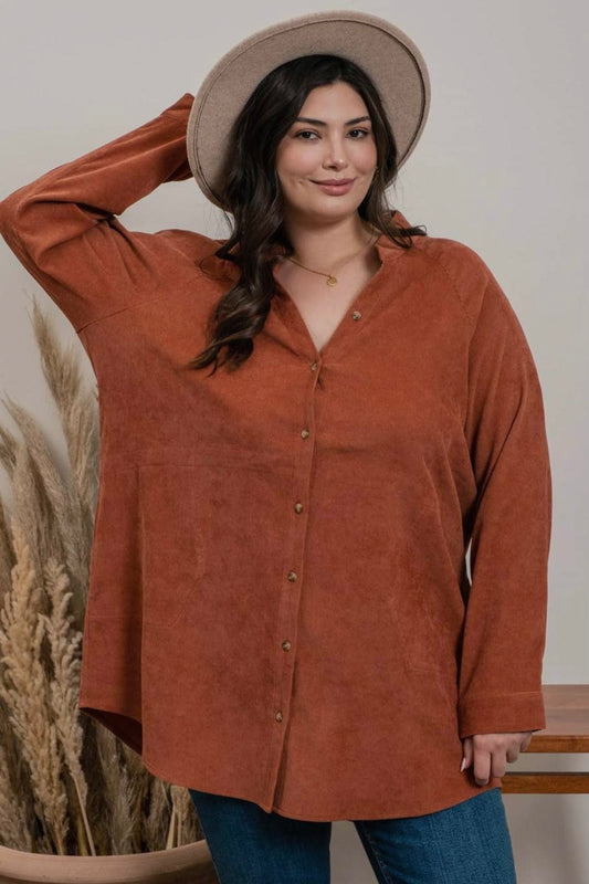 SALE!  Plus Corduroy Top (Shacket) with Side Pockets in Terracota- reg. $36.99