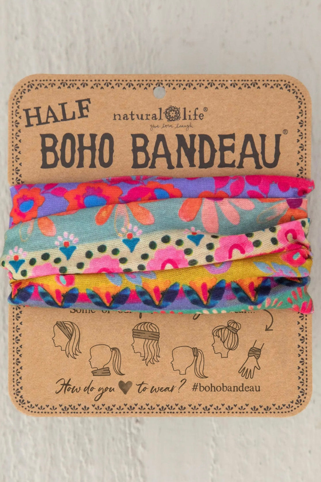 Natural Life Half Boho Bandeau Headband- Pink Mustard Floral Border