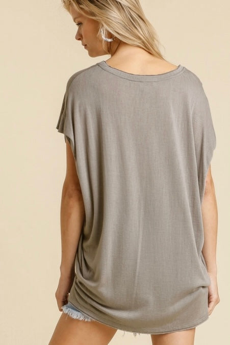 Short Sheer Dolman Sleeve Scoop Neck Oversized Top in Gray