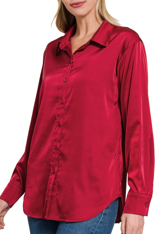 Burgundy Satin Button Down Blouse