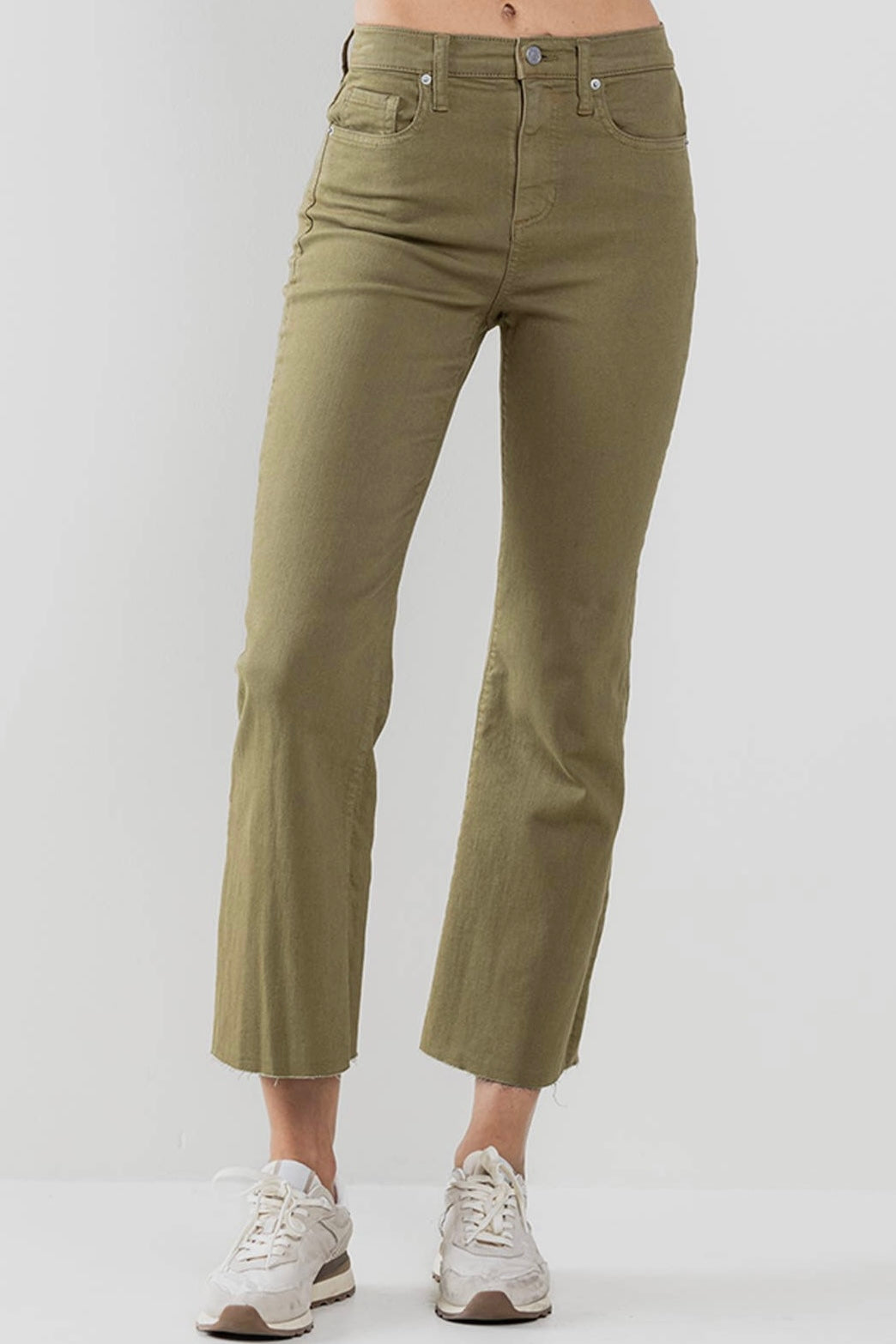 Moss Green High Rise Cropped Kick Flare Jeans with Raw Cut Hem