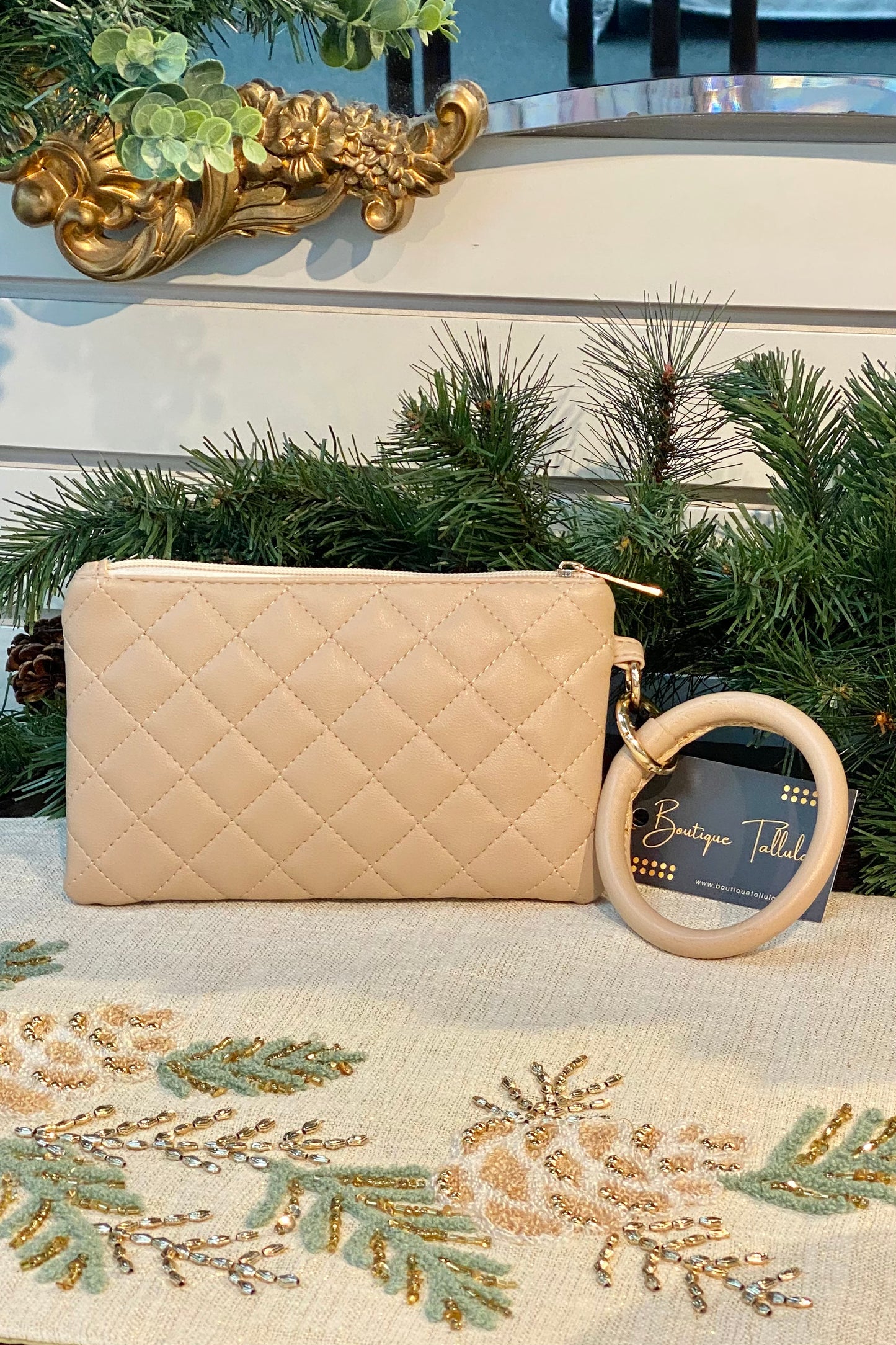 Nude Quilted Vegan Leather Clutch with Bangle