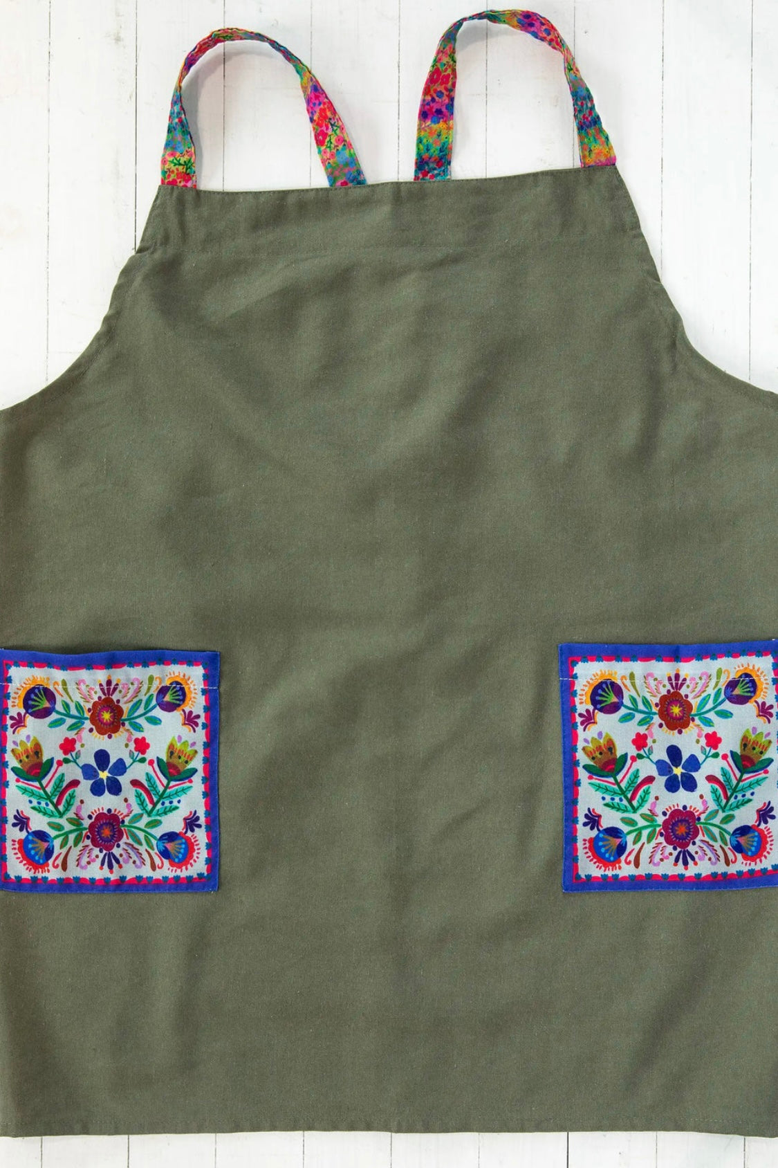 Natural Life Crossback Apron in Olive Green with Flower Contrast