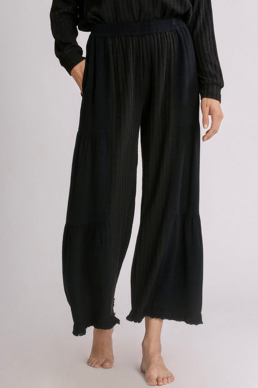 Umgee Wide Leg Black Pant with Frayed Hem