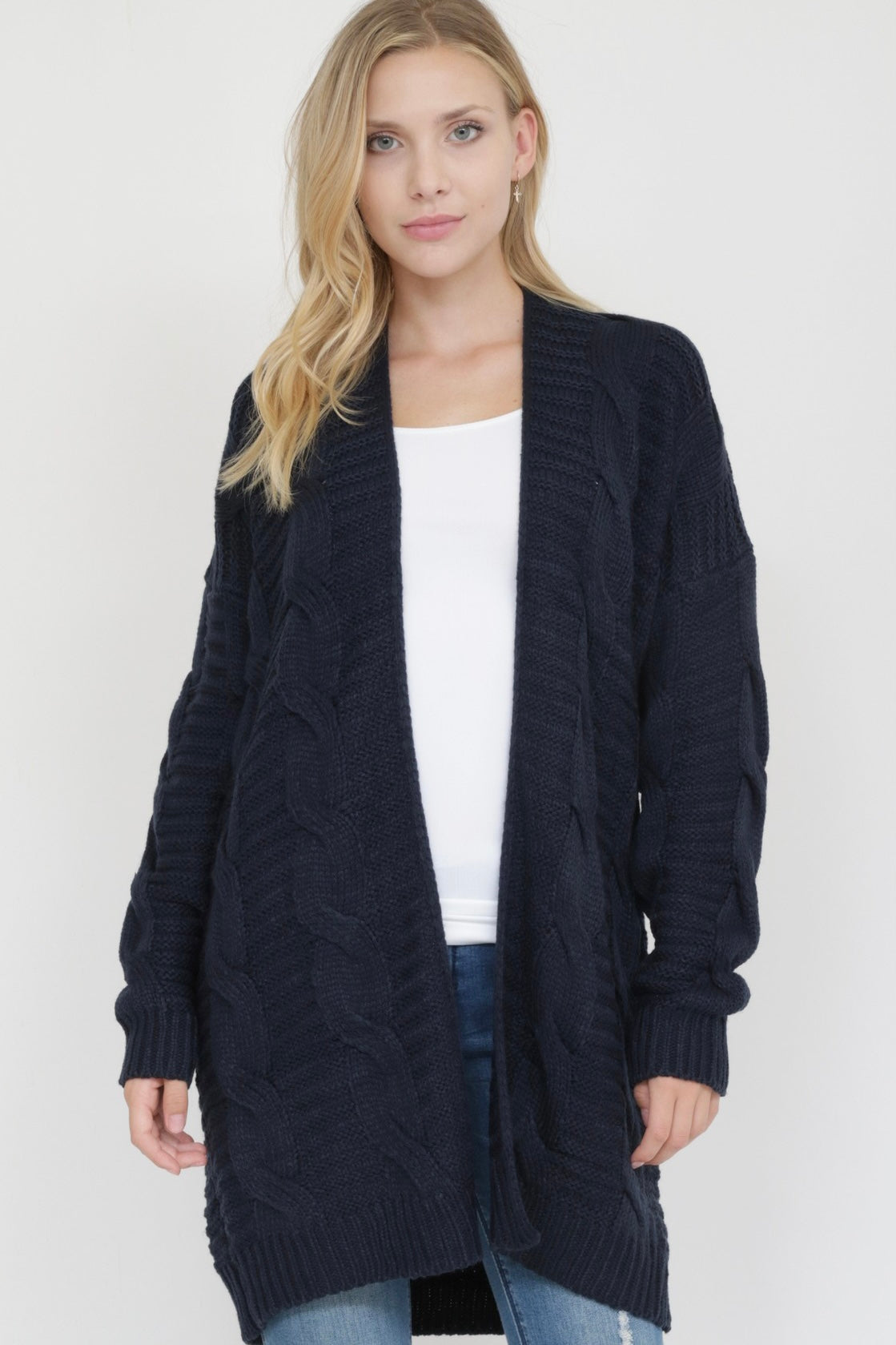 Navy Cableknit Long Cardigan