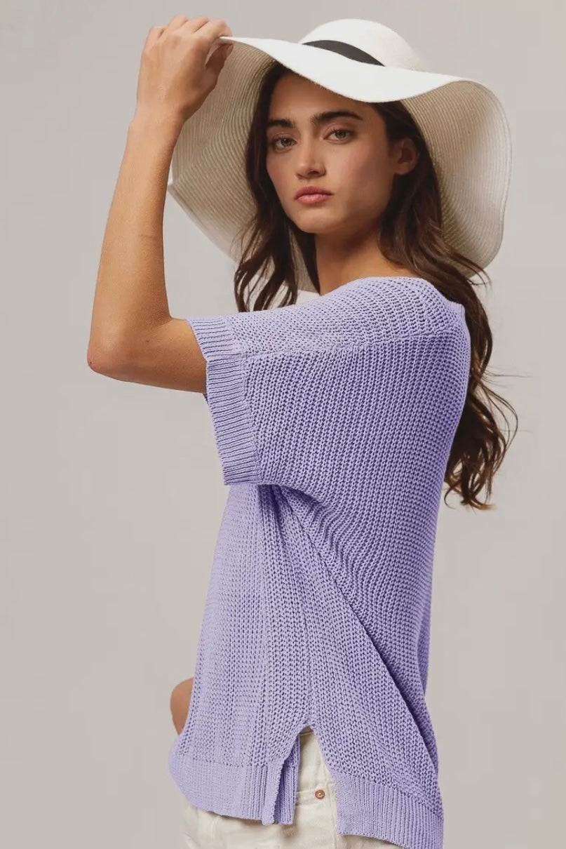 Oversized Lavender Semi Sheer Summer Sweater Top with Dolman Sleeve