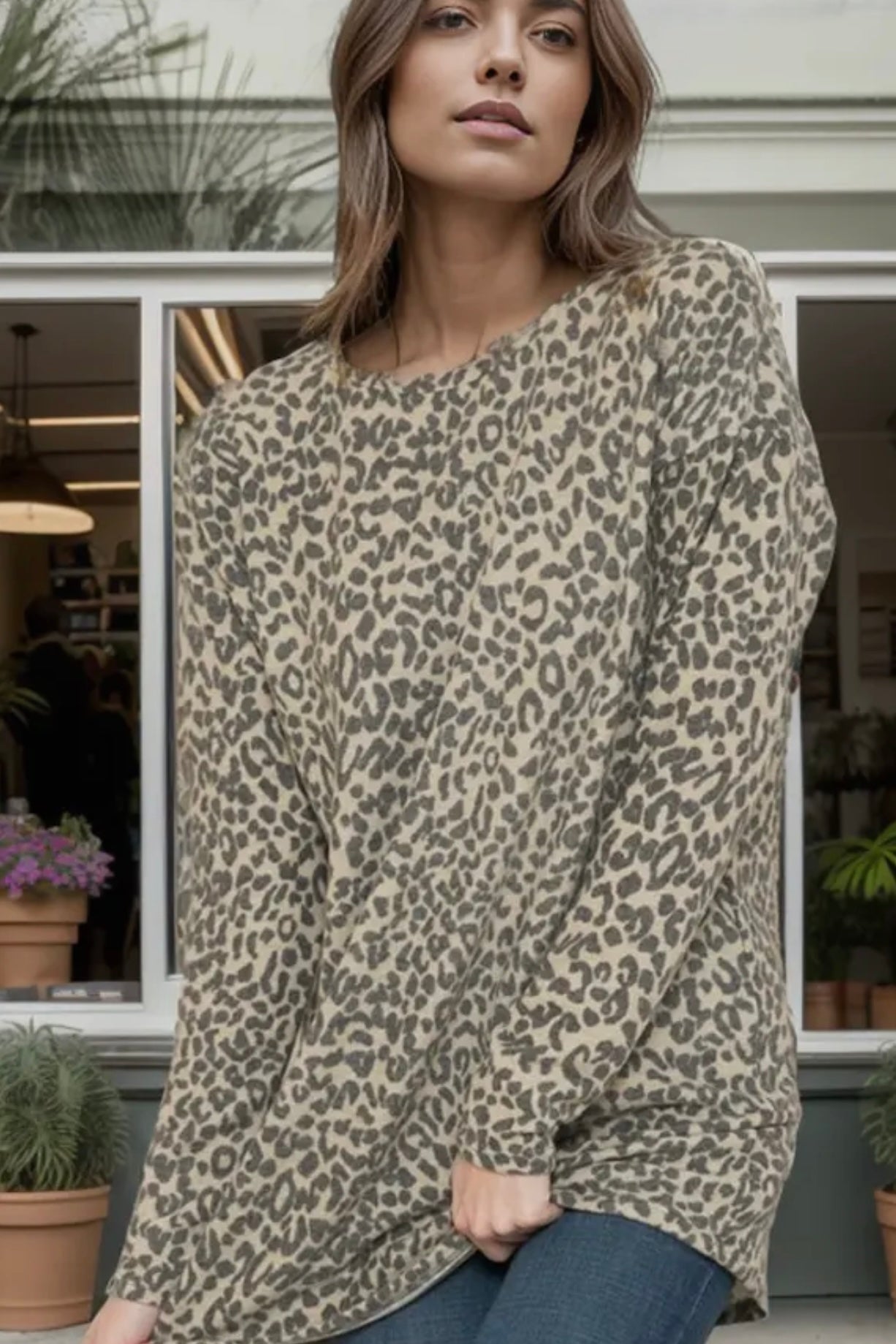 Ultra Soft Animal Print Stretchy Tunic Top in Beige