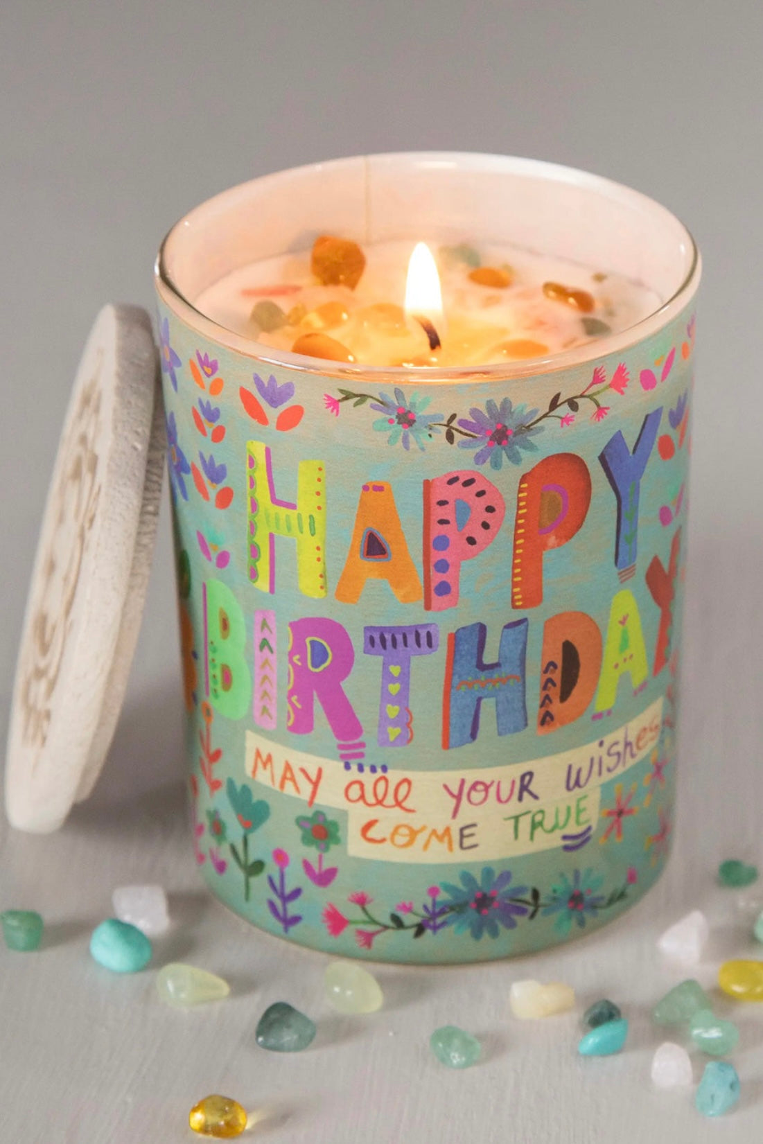 Natural Life Gemstone Candle Dusty Blue Happy Birthday