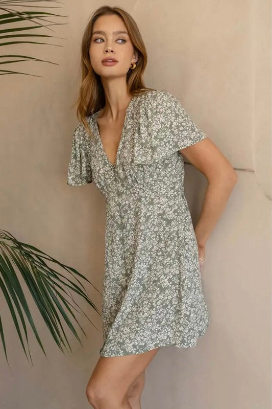 Light Olive Floral Button Up Short Sleeve Dress