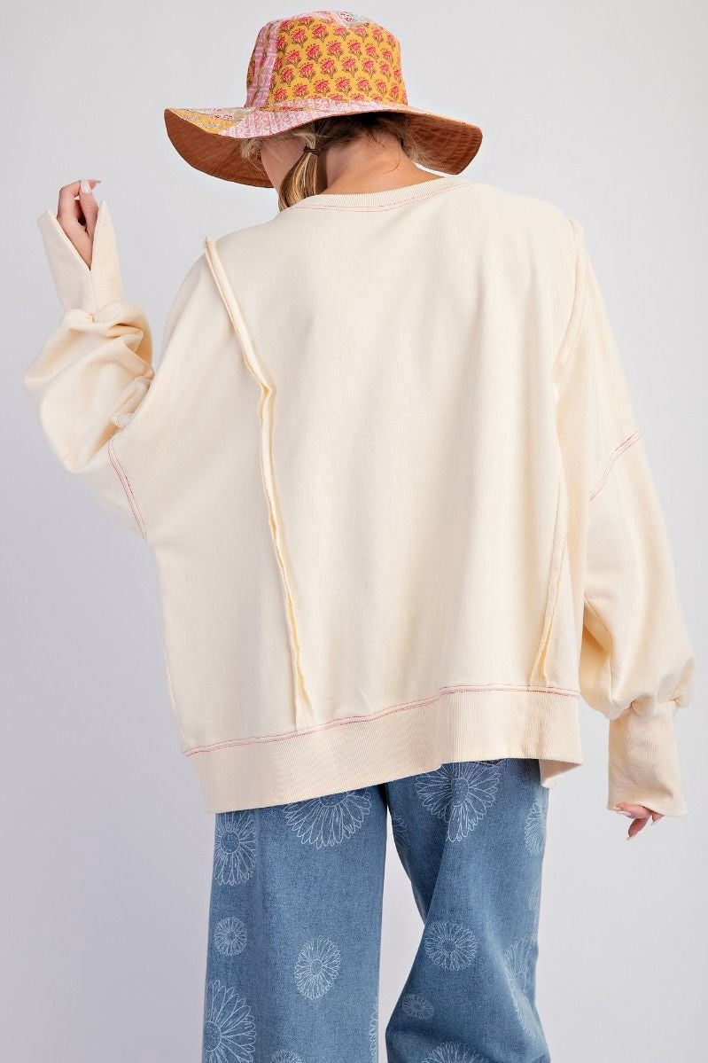 Easel Cream Love Patches Long Sleeve Applique Top