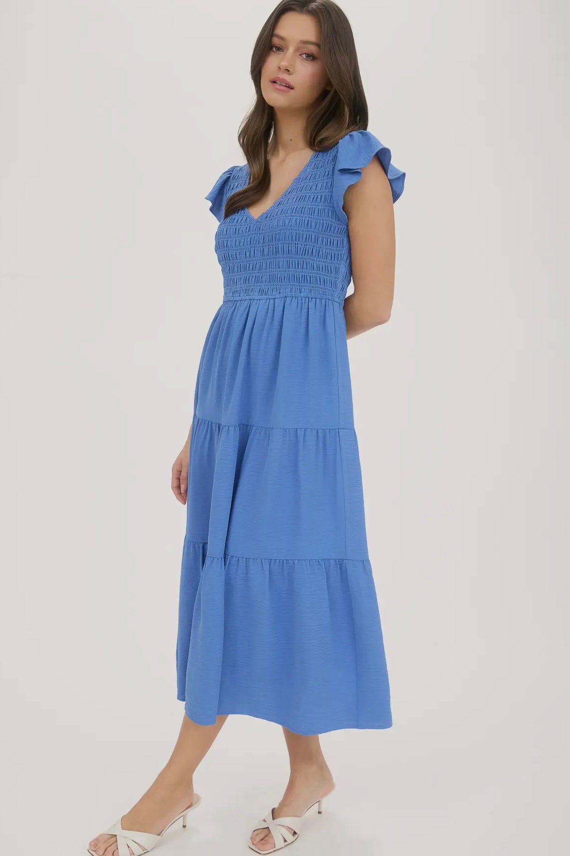 Dusty Blue Flutter Sleeve Smocked Tiered Midi Dress