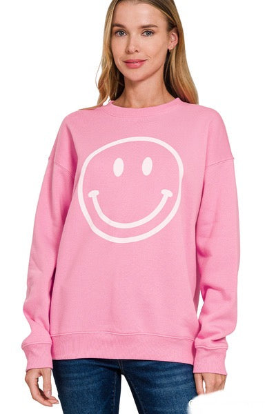 Candy Pink Brushed Fleece Smiley Face Sweatshirt