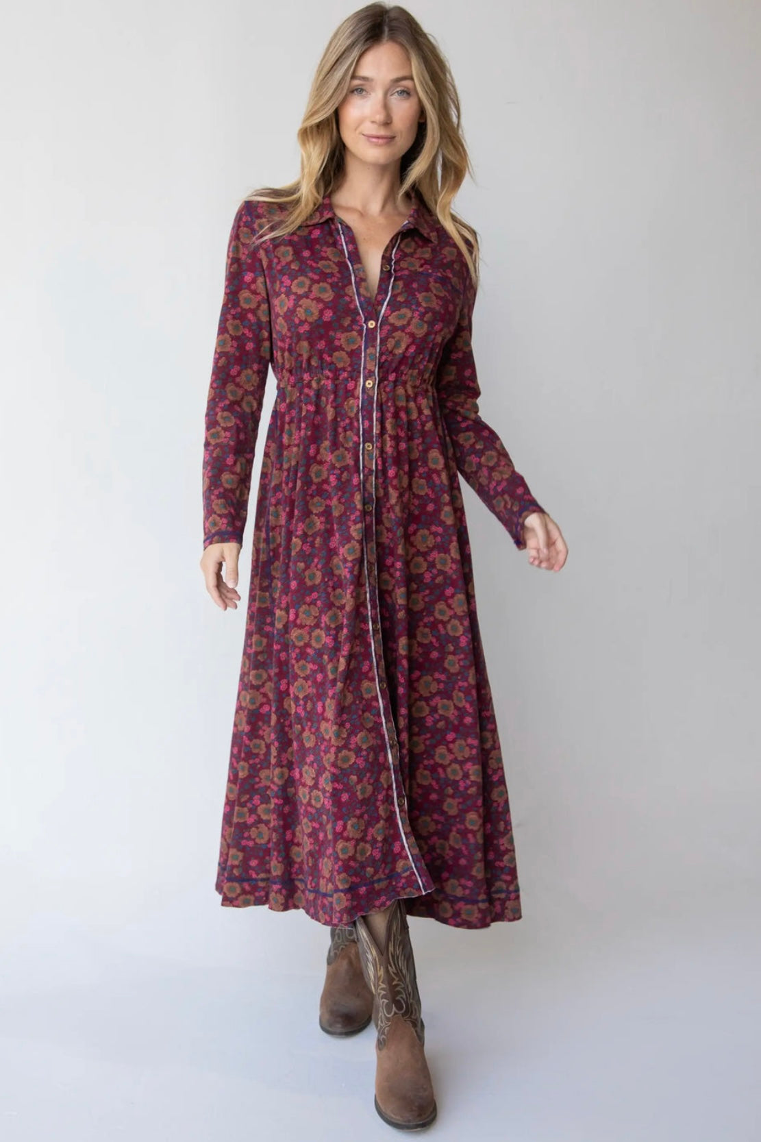 Natural Life Christa Cotton Midi Dress in Cranberry Brown Floral