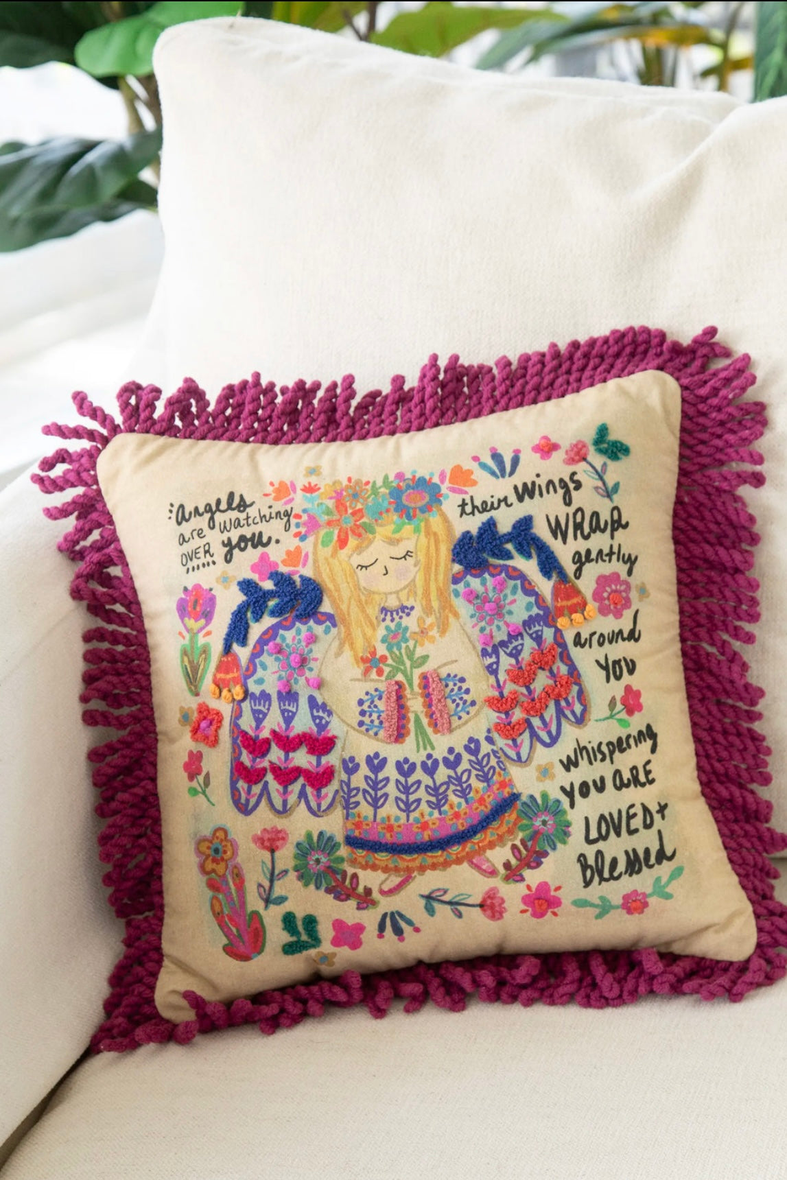 Natural Life Tufted Boho Pillow- Angels Are Watching Over You