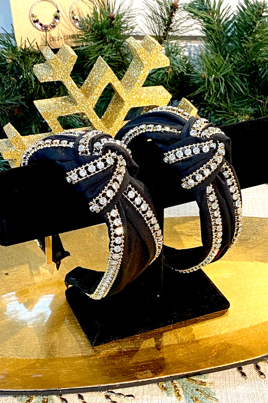 Black Tafetta Headband with Gold and Rhinestones Accents