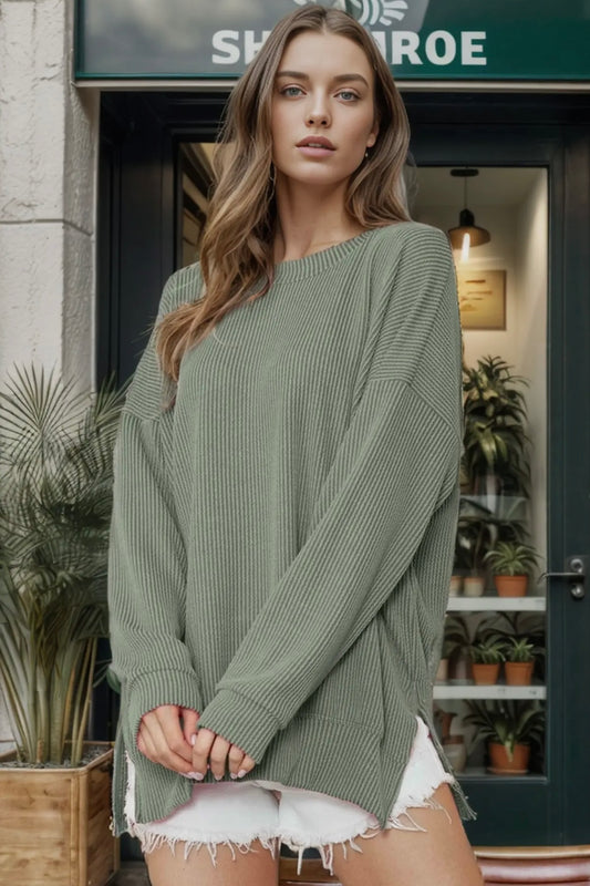 Olive Green Wave Rib Oversized Stretchy Top with Side Slit