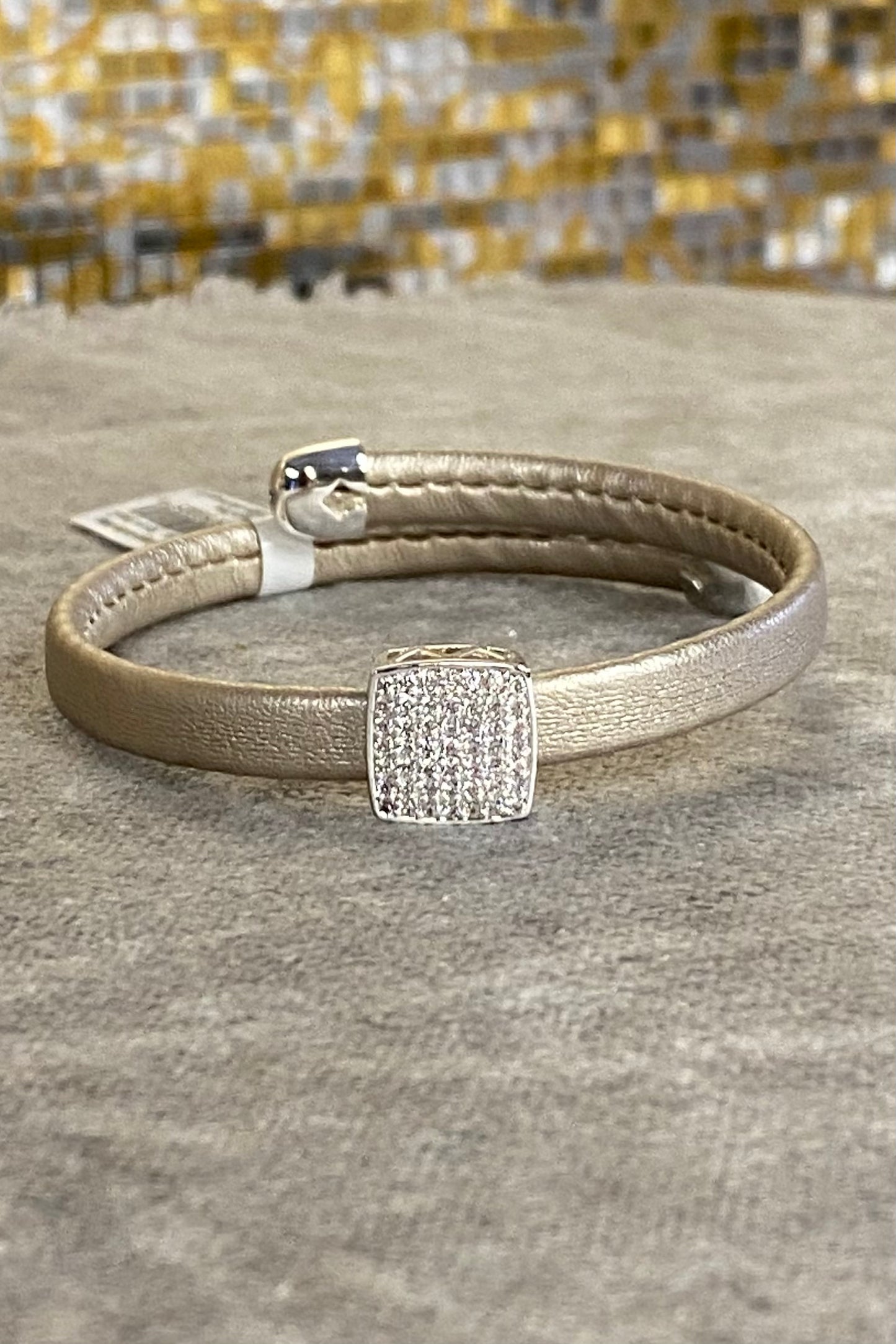 Gold Vegan Leather Wrap Bracelet with Silver Square CZs