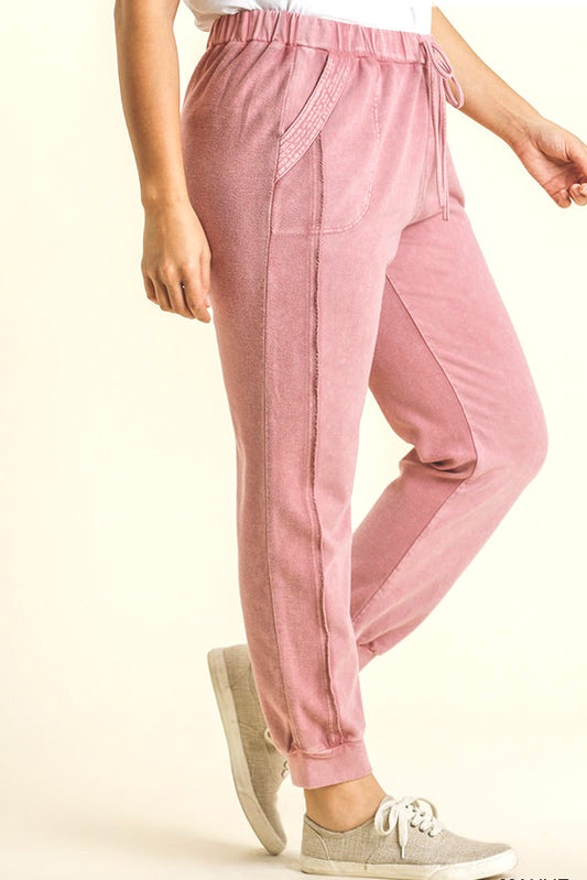 Umgee Pink Mineral Washed French Terry Cuffed Ribbed Jogger Pants