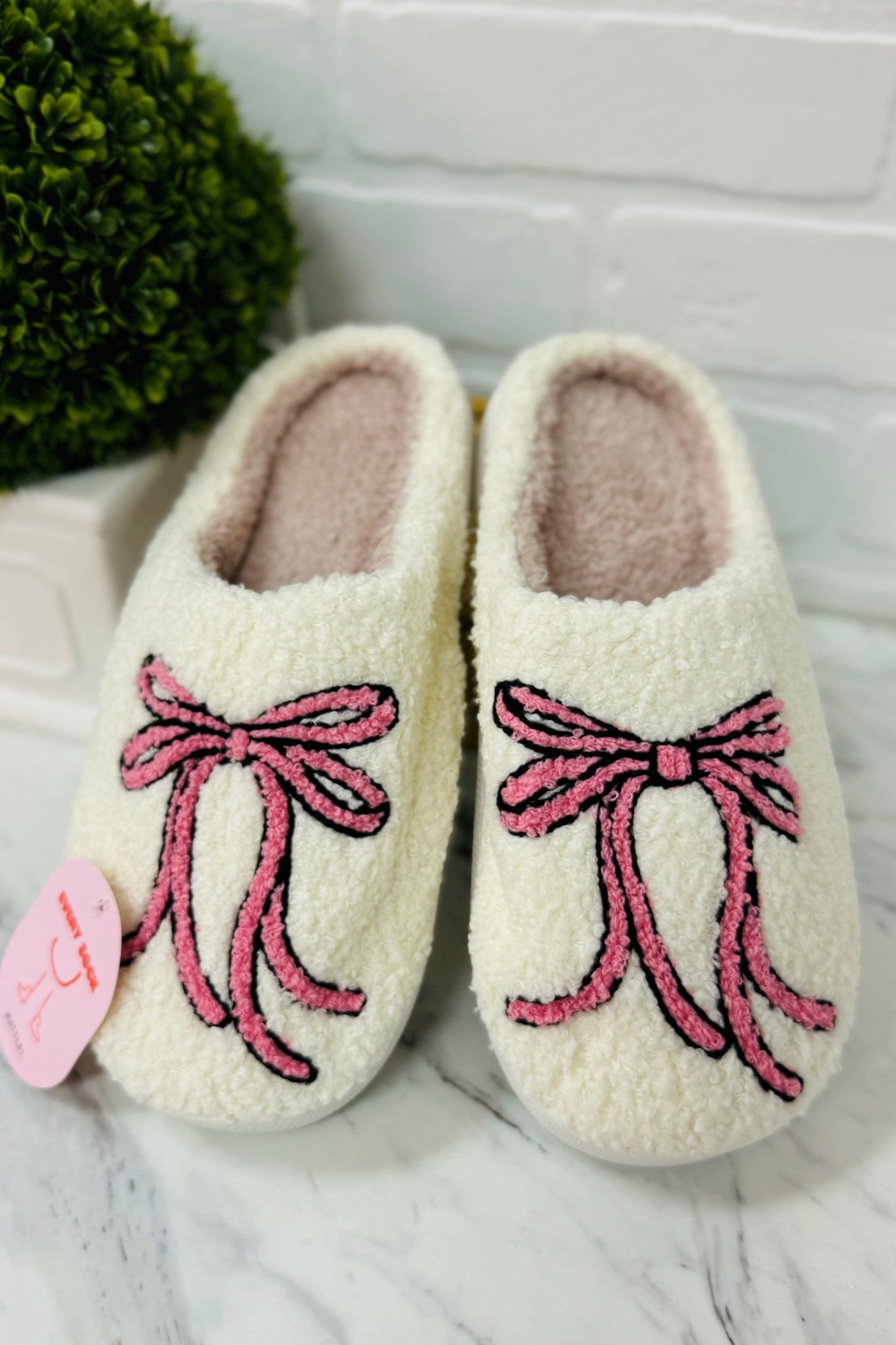 Pink and White Ribbon Bow Slippers