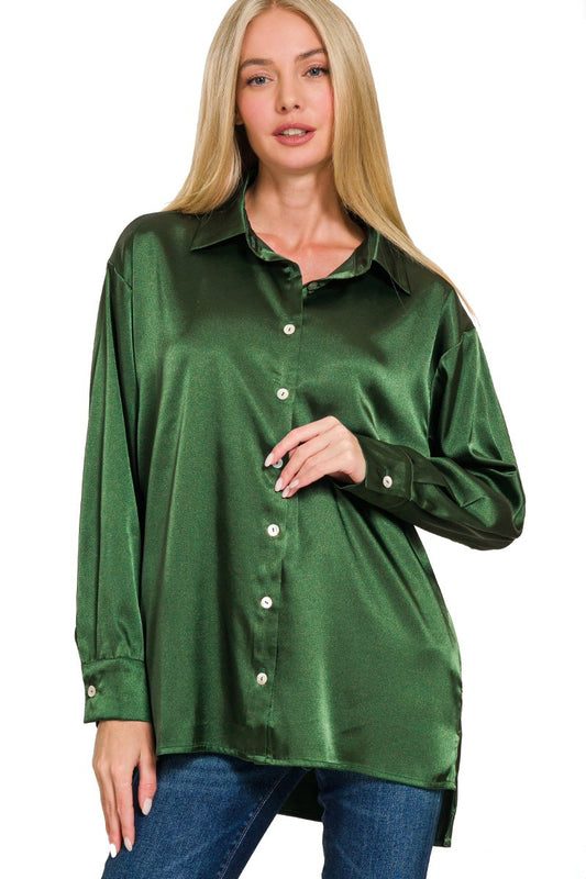 Dark Green Satin Button Down Blouse