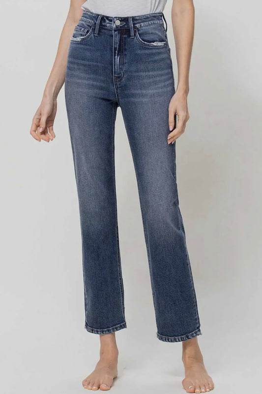 Flying Monkey High Rise Stretch Ankle Straight Leg Jean with Side Hem Notch