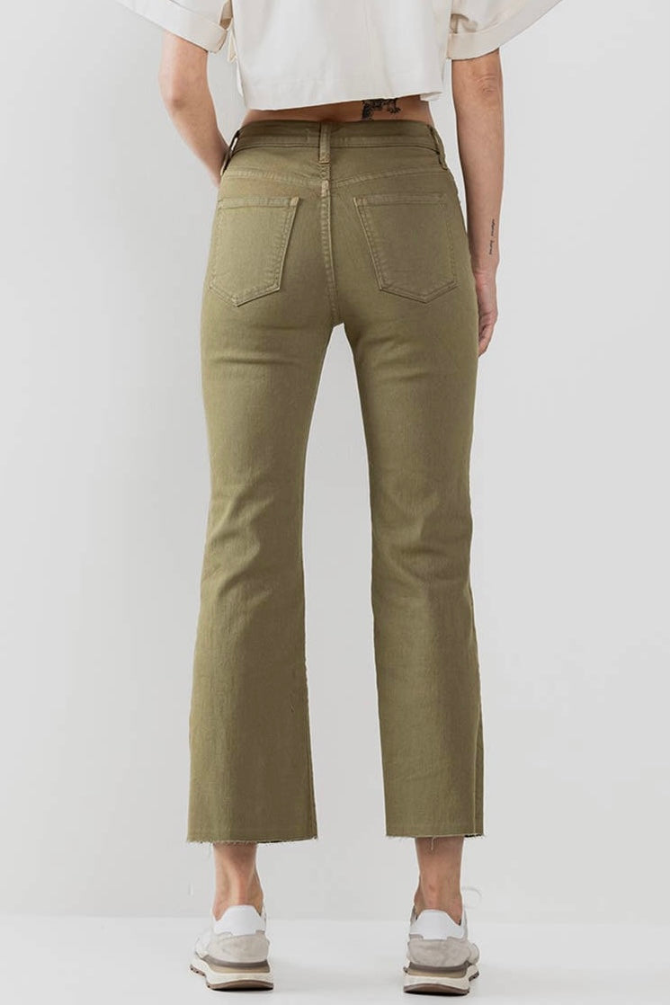 Moss Green High Rise Cropped Kick Flare Jeans with Raw Cut Hem