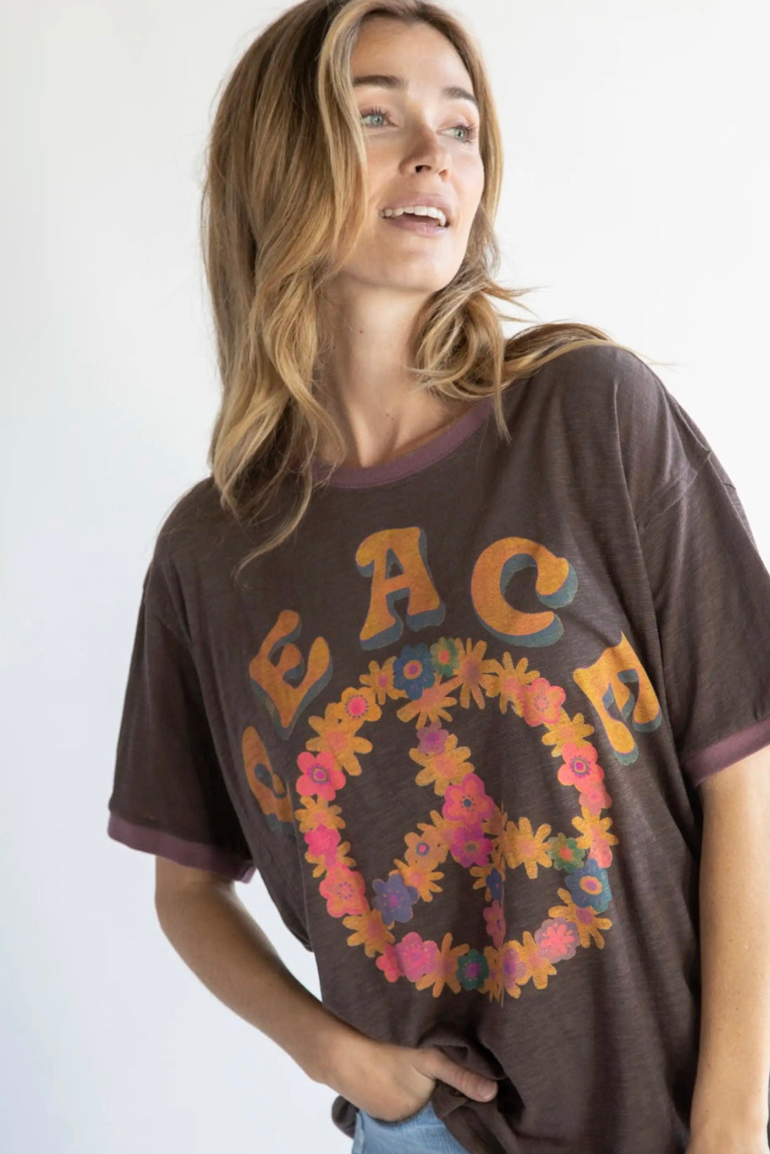 Natural Life Ringer Oversized Tee Shirt- Peace