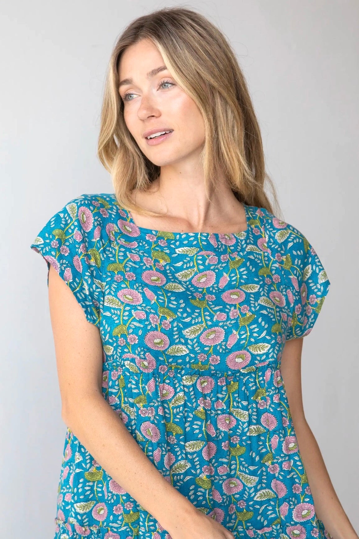 Natural Life Berkley Maxi Dress in Blue Pink Floral Vines