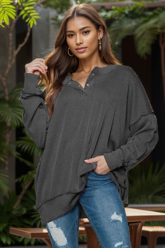 Black Wave Rib Oversized Stretchy Top with Chest Snap