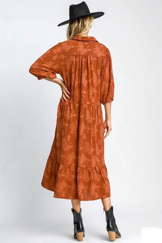 Umgee Rust Floral Burnout Tiered Midi Dress with Collared Neck and 3/4 Sleeves