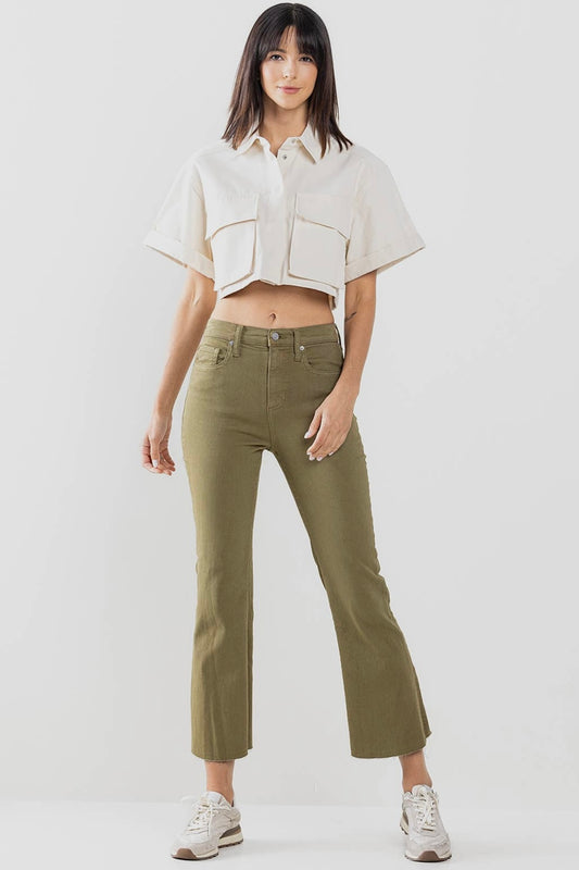 Moss Green High Rise Cropped Kick Flare Jeans with Raw Cut Hem