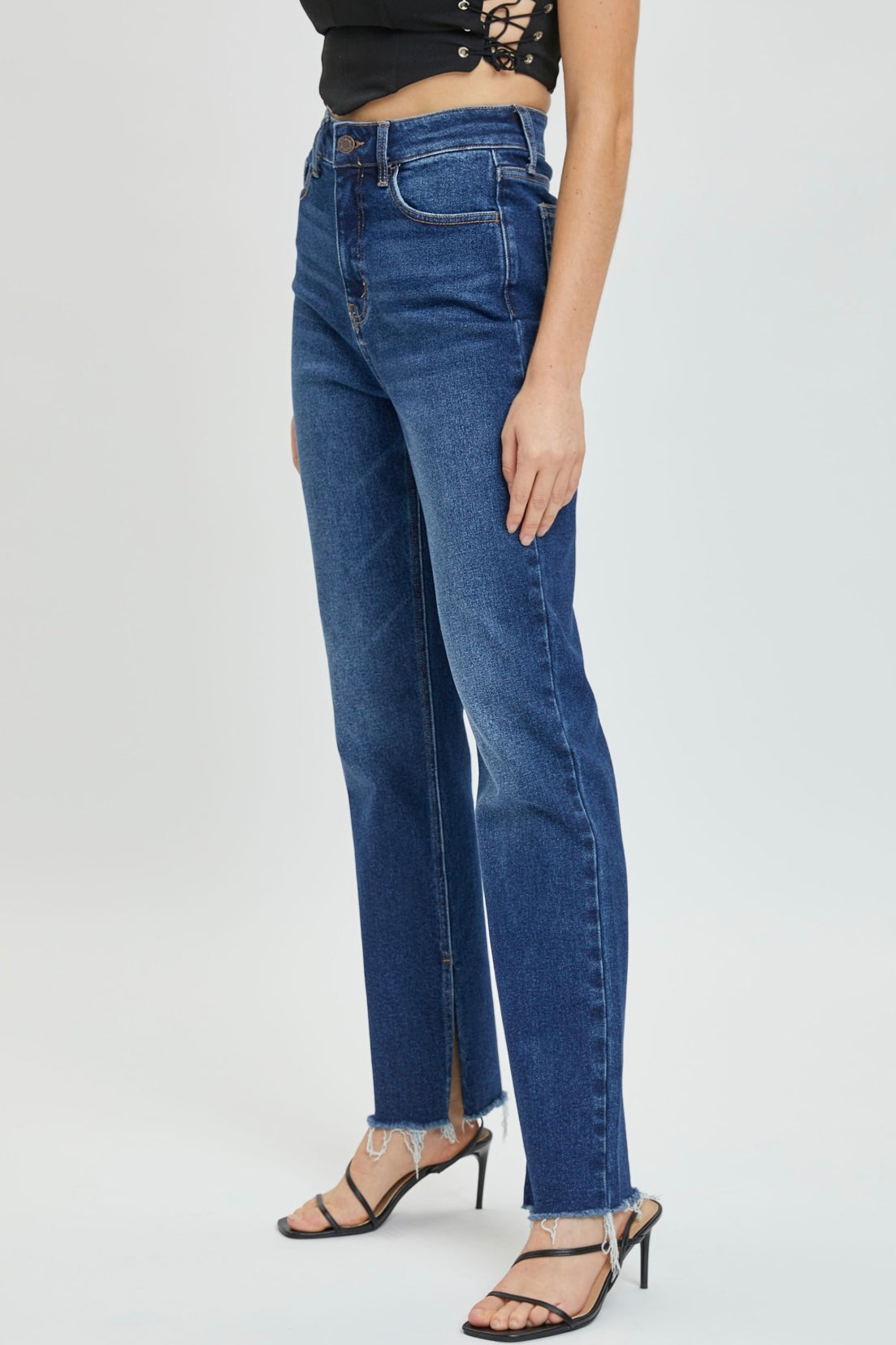 Cello High Rise Full Length Straight Leg Jean with Inseam Slit and Distressed Hem