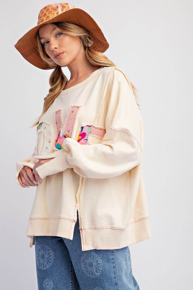 Easel Cream Love Patches Long Sleeve Applique Top