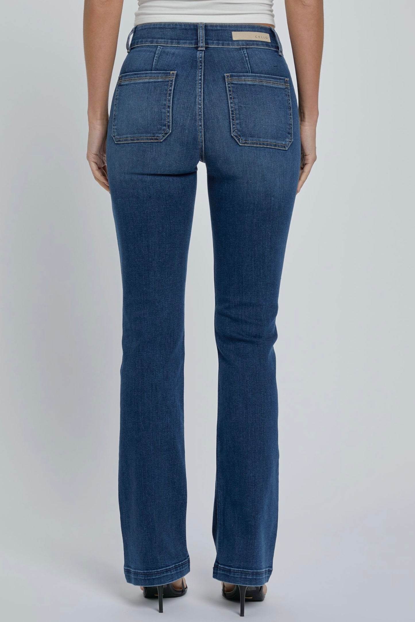 Cello High Rise 2 Button Flare Jeans in Dark Denim