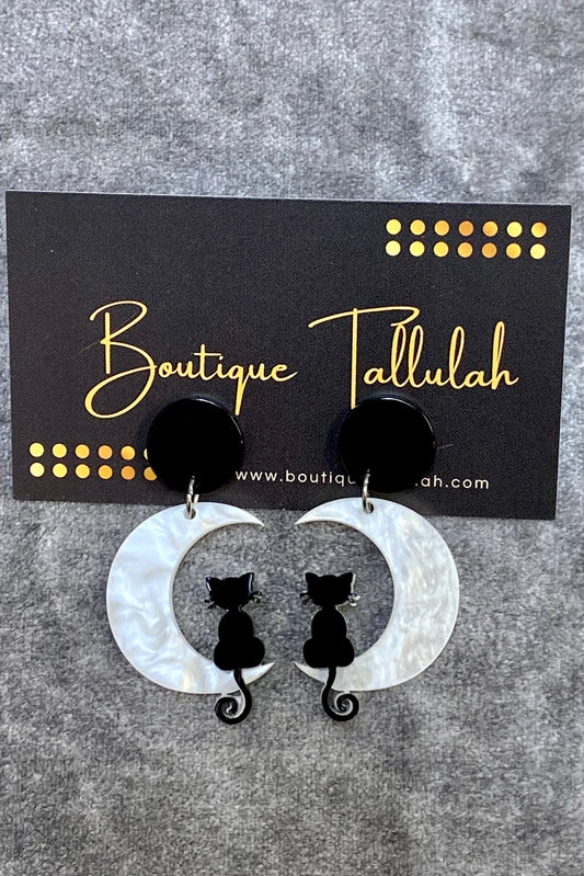 Black Cat Under the Moon Acrylic Dangle Earrings