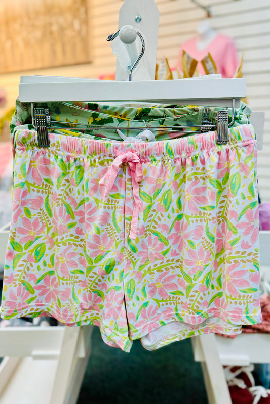 Sweet Pea Ultra Soft Sleep Shorts with Drawstring- Pink White Green