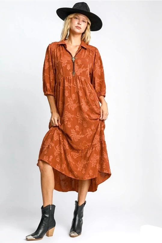 Umgee Rust Floral Burnout Tiered Midi Dress with Collared Neck and 3/4 Sleeves