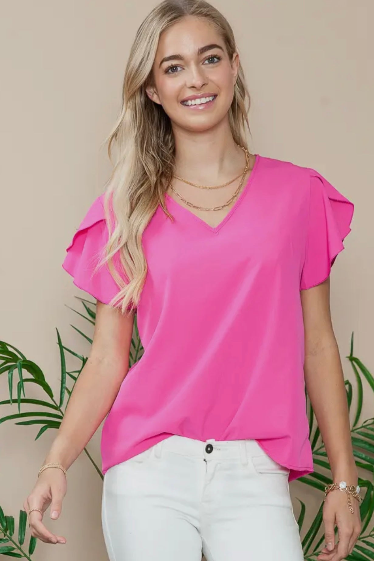 Hot Pink V Neck Top with Tulip Sleeves